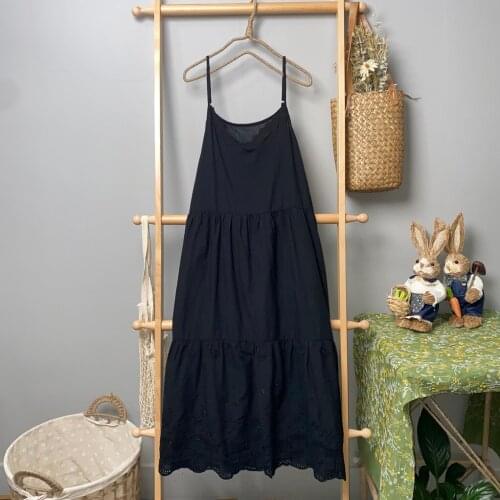 Spring Summer Women Sling Dress Mori Girl Fresh Embroidery Cotton linen Loose Dress