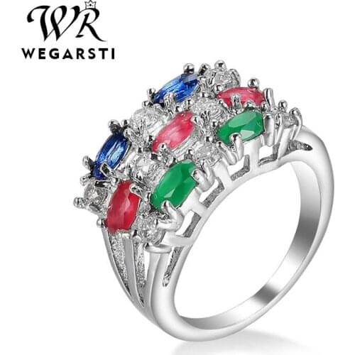 WEGARSTI 925 Sterling Silver Rectangle Colour Clear Zircon Luxury Rings Anniversary Engagement Jewelry For Women Fashion Rings