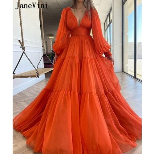 JaneVini 2020 Sexy Orange Chiffon Evening Dresses Deep V Neck A Line Long Sleeve Dress Dubai Women Formal Party Gowns Customize