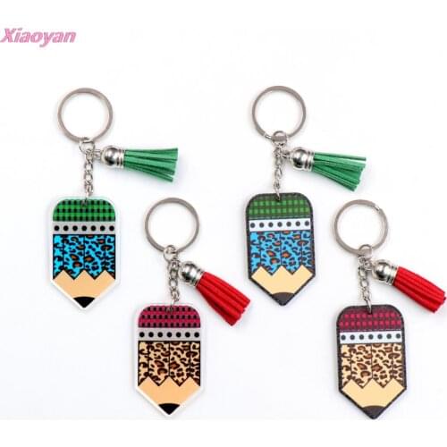 1pcs) KH1052-50mm Leopard Pencil Acrylic Keychain Double Faces Printed Teacher Appreciation Gift Keychai (Custom MOQ50pcs)