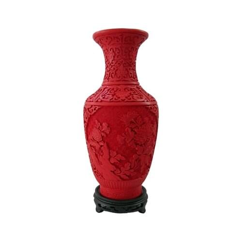 12 inch / Exquisite Chinese Classical Traditional Technology Red Lacquerware Beautiful Flower Designs Auspicious Vase