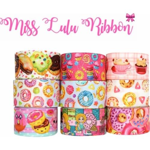 16mm-75mm Sweet Doughnut Series Printed Grosgrain/Foe Ribbon Rainbow Stripes DIY Hair Bowknots Party Decor 50yards/roll