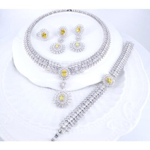 2021 NEW FASHION RED YELLOW CZ zircon necklace earring bracelet ring wedding bridal banquet dinner dressing party jewelry set