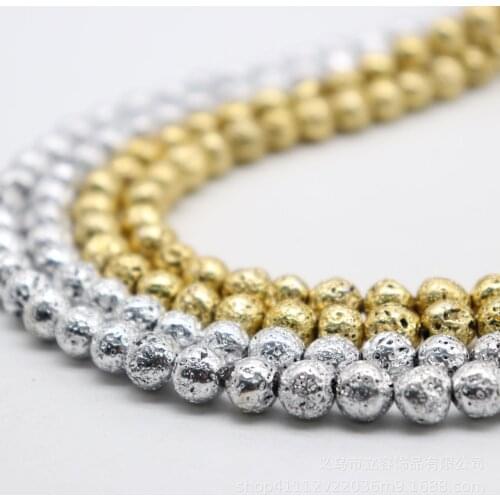 6/8/10mm Plating Natural Lava Stone Beads Round Loose Gold Volcanic Rocks Stone Beads For Jewelry Making DIY Strand 15