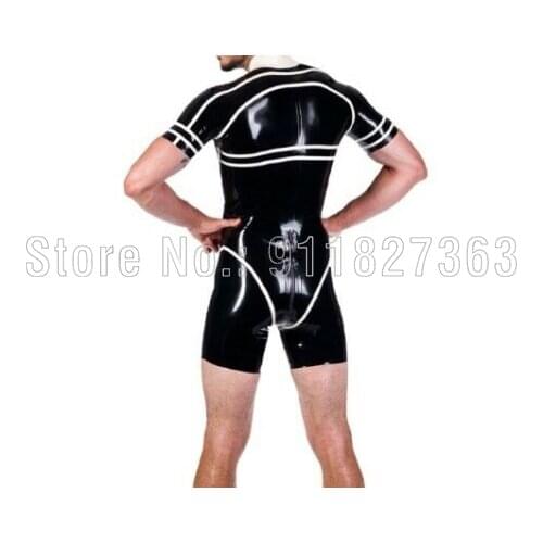 100% Natural Latex Catsuit Men‘s Bodysuit Cool Black w White Trims Sexy Party Wear w Front Crotch Zipper Customized