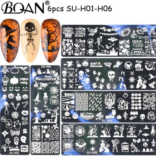 BQAN 6PCS/Set Halloween Christmas Nail Stamping Plates Pattern Nail Art Image Plates Stainless Steel Nail Art Plate Stencil