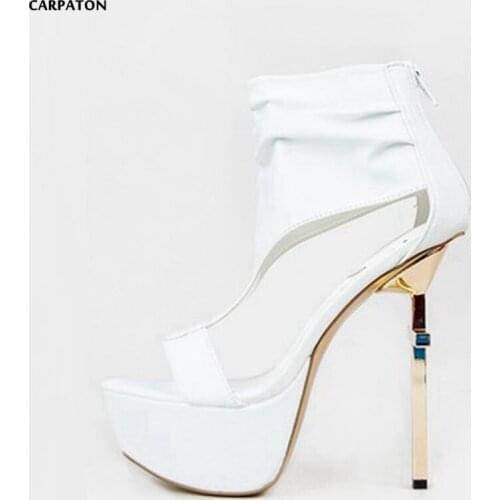 Carpaton Cross Heels Heterosexual High Heels Women Sandals Fashion Metal Platform Peep Toe T-Strap Back Zips Party Dress Shoes