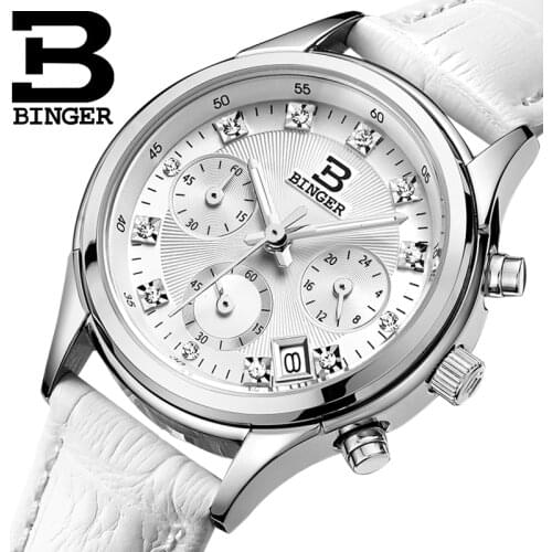 Womens Watches Luxury Brand quartz Switzerland Binger waterproof clock genuine leather strap Chronograph Wristwatches BG6019-W4