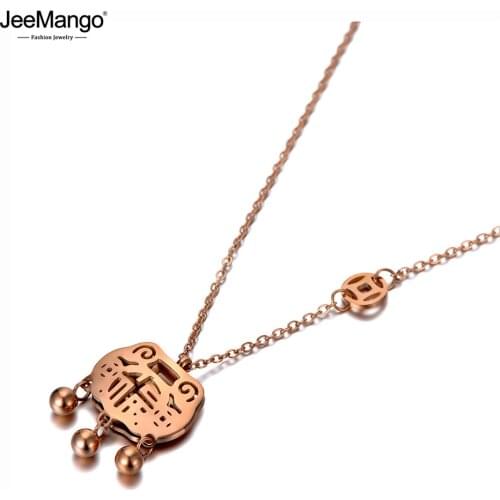 JeeMango Ethnic Stainless Steel Lock Charm Choker Necklaces China Ethnic Longevity Lock Pendant Necklace For Women Girls JN20013