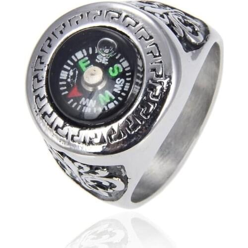 Stainless Steel Sailing Rings with Compass Outdoor Survival Sports Rings Engraved Punk Style Biker Men Jewelry
