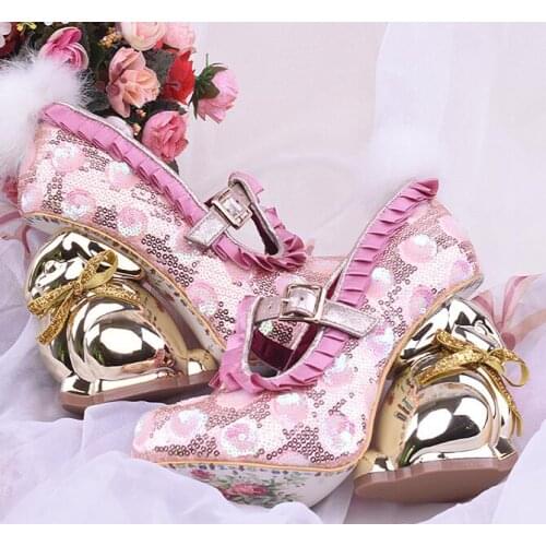 Carpaton Hot Selling Glitter Embellished Strange Heels Woman Shoes Round Toe Rabbit Heels Dress Heels T-strap Girl Wedge Shoes