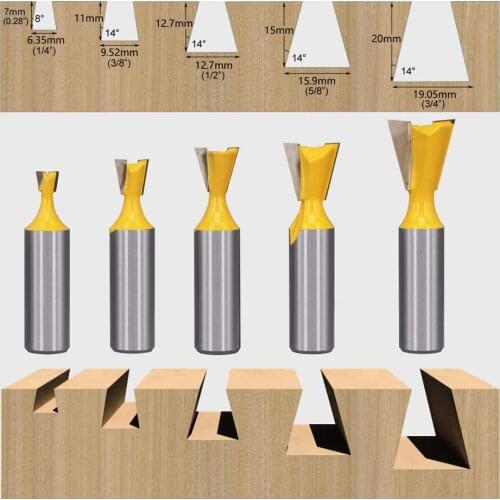 5pcs 8mm Shank Dovetail Joint Router Bits Milling Cutter Set 14 Degree Woodworking Engraving Bit for Boxes Drawers Chests Wood
