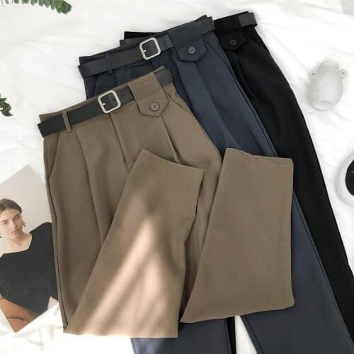 Autumn Spring Mid Waist Solid Dress Pants Women Trousers Folds Retro Look Pantalone Femme Pantalones Mujer