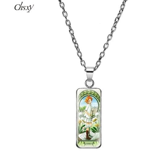 CHSXY Anime The Promised Neverland Necklace Chain Handmade Rectangular Pendant Necklace Glass Cabochon Stainless Steel Jewelry