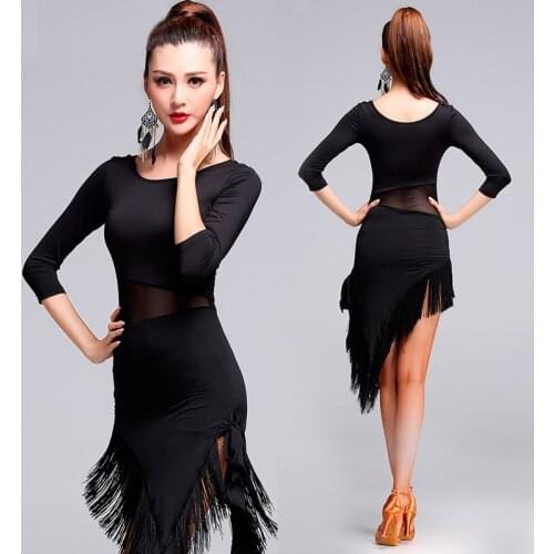 New Fashion Sexy Half-sleeve Latin Dance Tassel one-piece dress for women/female Ballroom tango Cha Cha Rumba Costumes