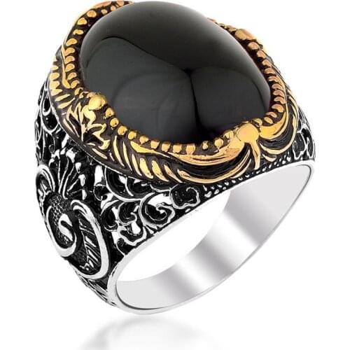 Black Onyx Stone Vav Motif Silver Ring
