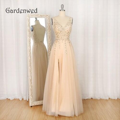 Gardenwed Coral Crystal Formal Dress Elegant abendkleider New Arrival V Neck Side Slit Tulle Evening Dresses