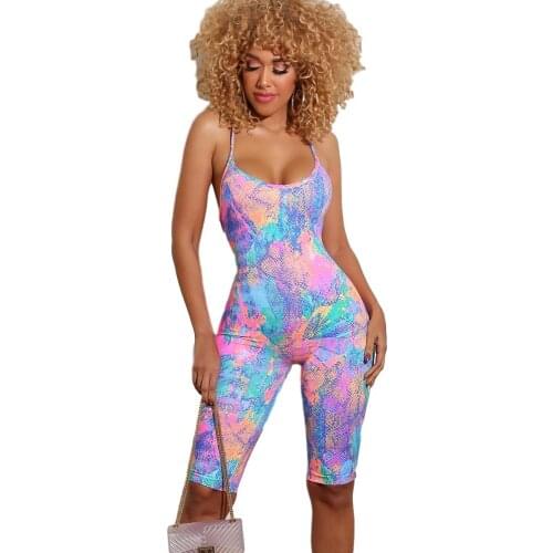 Tie Dye Print Thin Spaghetti Straps Playsuit Women Sleeveless Playsuit Rompers Ladies Bodaycon Shorts Jumpsuit Backless New