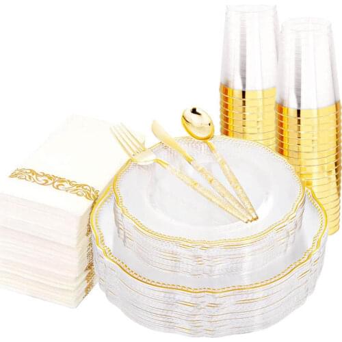175 Pieces of Disposable Party Tableware Transparent Golden Plastic Tray Set for Wedding Party Holiday Event Decoration