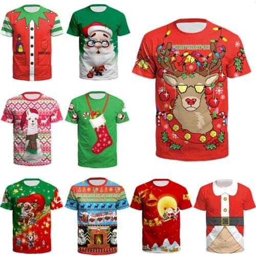 2020 European and American womens ugly Christmas T-shirt Santa Claus printed loose pullover T-shirt men and women sets of shirt