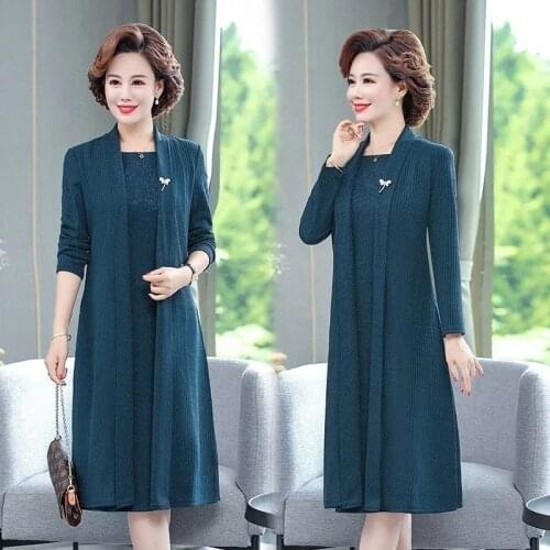 2021Autumn 2 Piece Set Dress Cardigan Women Plus Size 5XL Party Midi Dresses Elegant Robe Middle-age Female Vestides Suit W2345