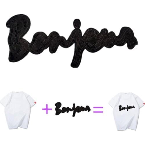 24CM BONJOUR Patch Clothes Stickers Black Sequins Large Biker Badge Iron On Patches For Clothing Strange Things Christmas Gift