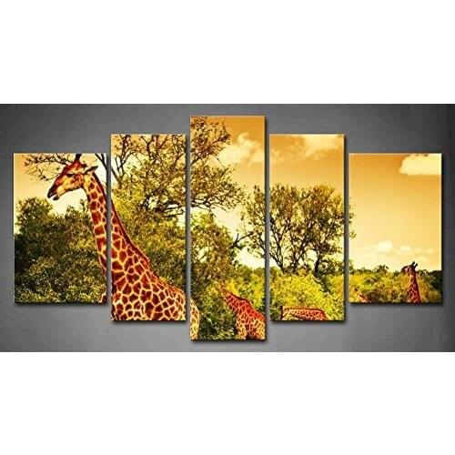 5 Panels Giraffes Graze Fores Eating Leafs Grass Small Road Painting Print On Canvas Animal Picture Modern Painting