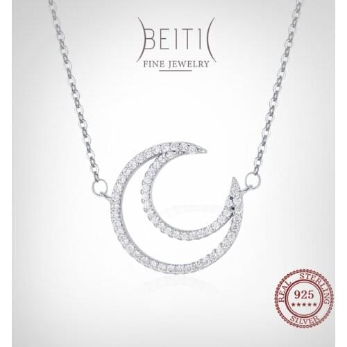 Beitil Dazzling Clear Zircon Simple Hollow Moon 100% 925 Sterling Silver Pendant Necklace For Fine Female Fashion Jewelry