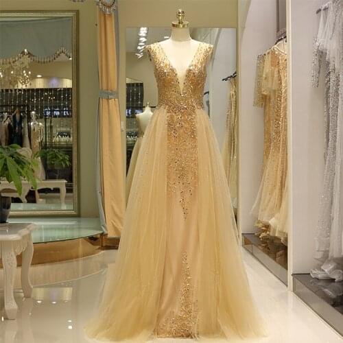 Elegant Gold Gray A-line Long Prom Dresses V-neck Sleeveless Formal Sexy Prom Gowns Diamonds Rhinestone Vestidos De Formal Dress