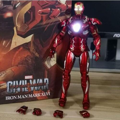 18cm Avengers Iron Man Mk46 LED Light Marvel Superhero Movie Action Figures Model Dolls Collection Movable Joint Toys Kids Gifts