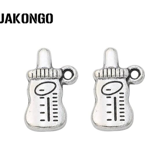 JAKONGO 20pcs Antique Silver Plated Baby Bottle Charms Pendants for Necklace Jewelry Making DIY Handmade Craft 16x10mm