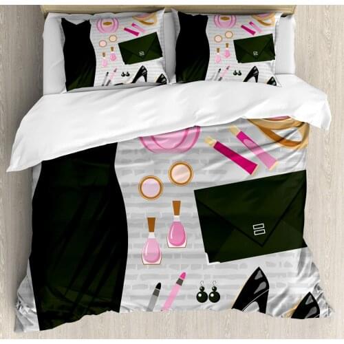 Heels and Dresses Duvet Cover Set Black Smart Cocktail Dress Perfume Make up Clutch Bag Decorative 3 Piece Bedding Set