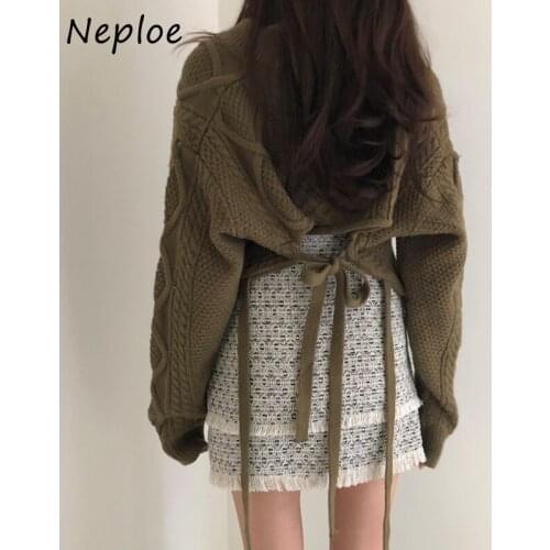 Neploe Batwing Long Sleeve Loose Casual Women Sweaters Twist Back Bandage Short Knit Pillovers Female V-neck Retro Femme Tops