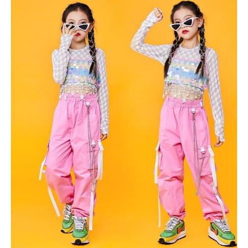 Girls Jazz Dance Performance Costume Sequin Crop Tops Pink Hip Hop Pants Summer Dance Clothes Hip Hop Kids Street Wear DNV15122