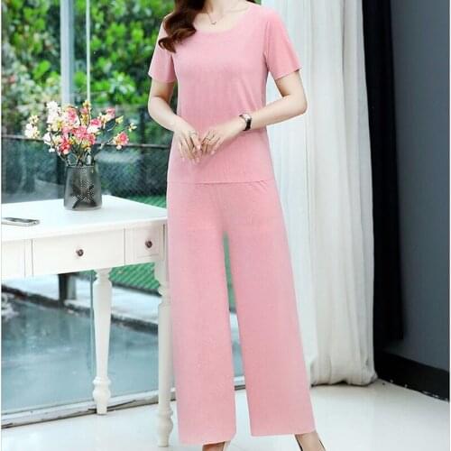 Summer Black Ice Silk 2 Piece Sets Women Plus Size 5XL Short Sleeve Top + Wide Leg Pants Suits Korean Womens Set Femme X177