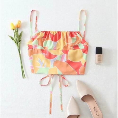 Merodi Women Summer Fashion Print Za Short Sling Tops Girls Stylish Backless Double Lace Up High Waist Chic Camis Ladies Tops