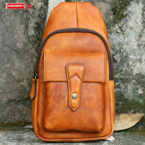 Mens Chest Bag Men Shoulder Messenger Bag Vintage Simple Casual Bags First Layer Cowhide New Vegetable Tanned Leather Soft