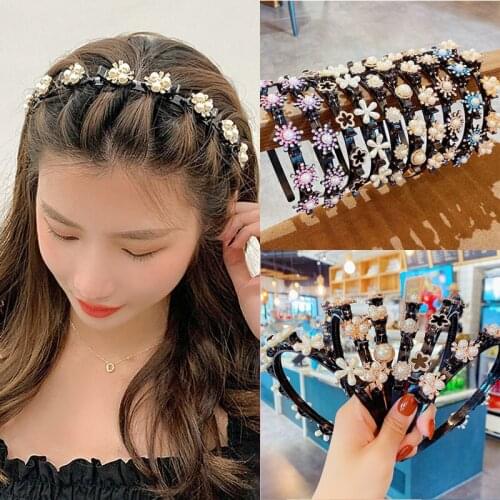 Imitation Pearl Braided HairBand Crystal Beaded Headwear Sweet Bangs Fixed Headband For Women Hair Clip Hair Accessories Jewelry