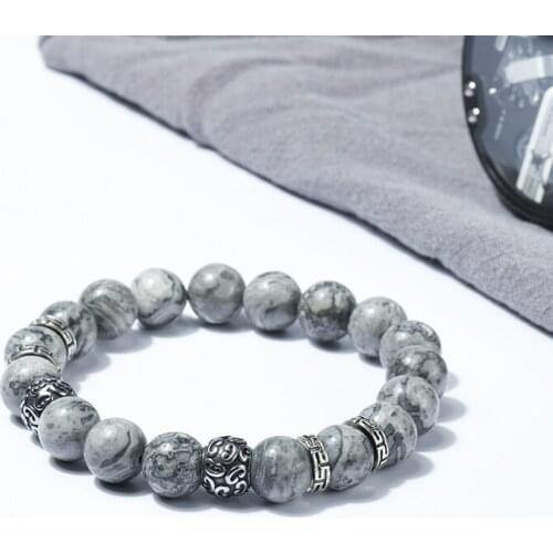 Wholesales 10mm grey natural stone beaded men bracelets map stone stainless steel bracelet 50pcs/lot+free shipping