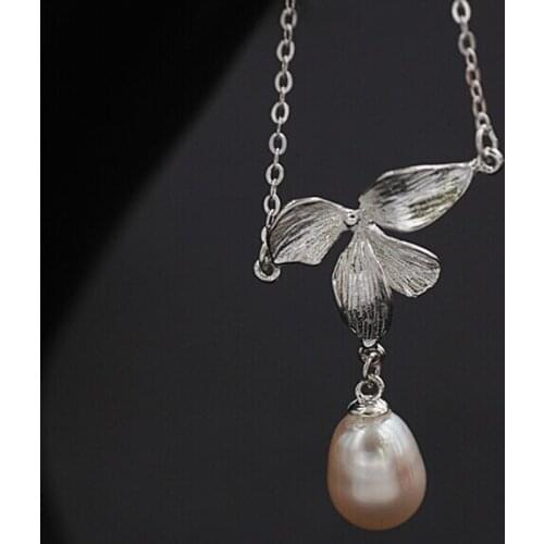 Original 925 Silver Necklace, Tears of Flowers Natural Freshwater Pearl Fashion Short Necklace Pendant
