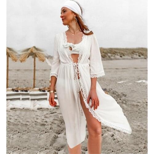 Sexy Bikini Cover-ups Long White Tunic Casual Summer Beach Dress Elegant Women Plus Size Beach Wear Swim Suit Cover Up