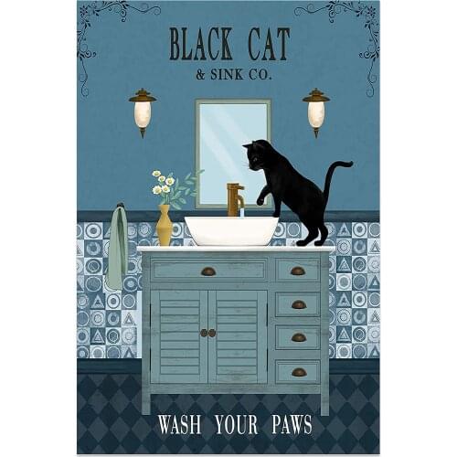 Retro Black Cat and Sink Wash Your Paws Canvas Wall Art Prints Vintage Home Sign Decor Bathroom Toilet Kitchen Bar Restaurant