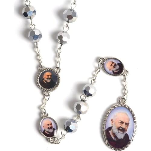 Trendy Faceted Polygon Metal Beads Rosary Necklace With St Pio Centerpiece and Pendant