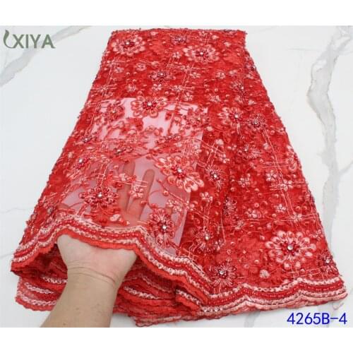 High Quality Handmade Lace Fabric Luxury Red Embroidered African French Lace Beaded Tulle Lace Fabric for Wedding APW4265B