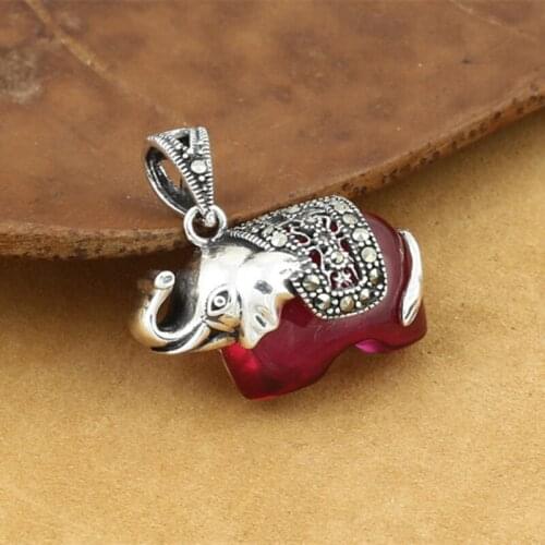 925 Sterling Silver Jewelry Retro Thai Silver Men And Women Popular Marcasite Red Corundum Small Elephant Pendant Accessories