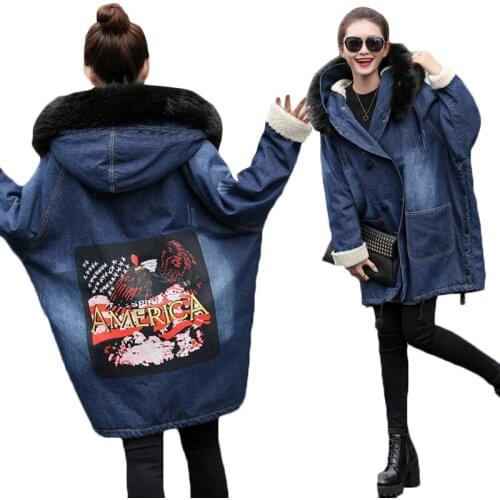 Winter Jacket Womens Long Jeans Denim Jacket Coat Female Thicken Lambswool Denim Coats Womens Warm Hooded Jeans Cotton Overcoat