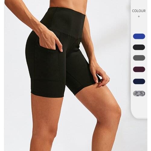 Womens high waist yoga shorts, diagonal pockets, running training exercises, quick-drying tight-fitting stretch fitness shorts