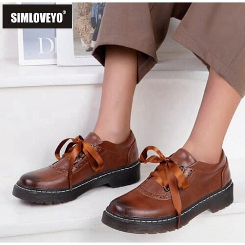 SIMLOVEYO New 2021 Ladies Pumps Round Toe 3.5cm Block Heels Faux Genuine Leather Lace-Up Stylish Vintage Big Size 34-43 A3591