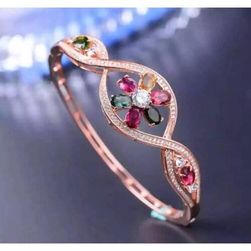 Natural Multicolor tourma Bangles Natural gemstone irregular Flowers Bangles S925 silver bracelet women anniversary jewelry