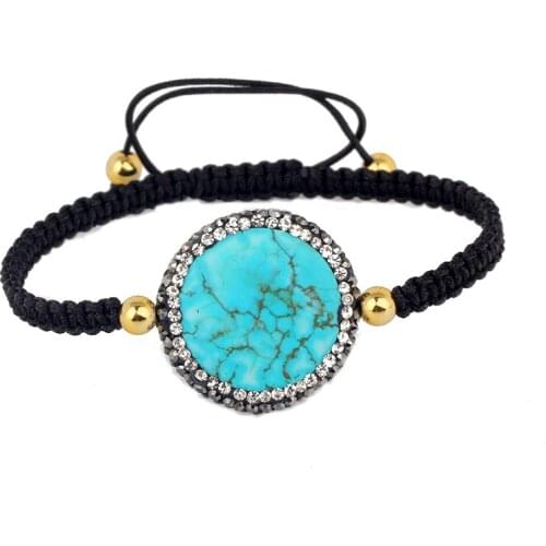 Handmade Jewelry Round Natural Blue Turquoises Stone Black White Rhinestone Charm With Copper Bead Rope Macrame Bracelet Women